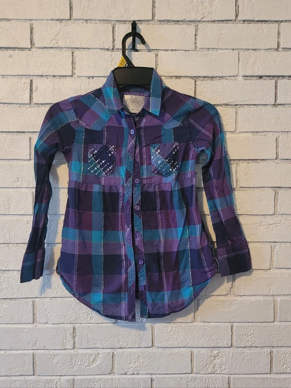 Justice Girls Plaid Long Sleeve Button Down Shirt Purple Teal Metallic Size 8